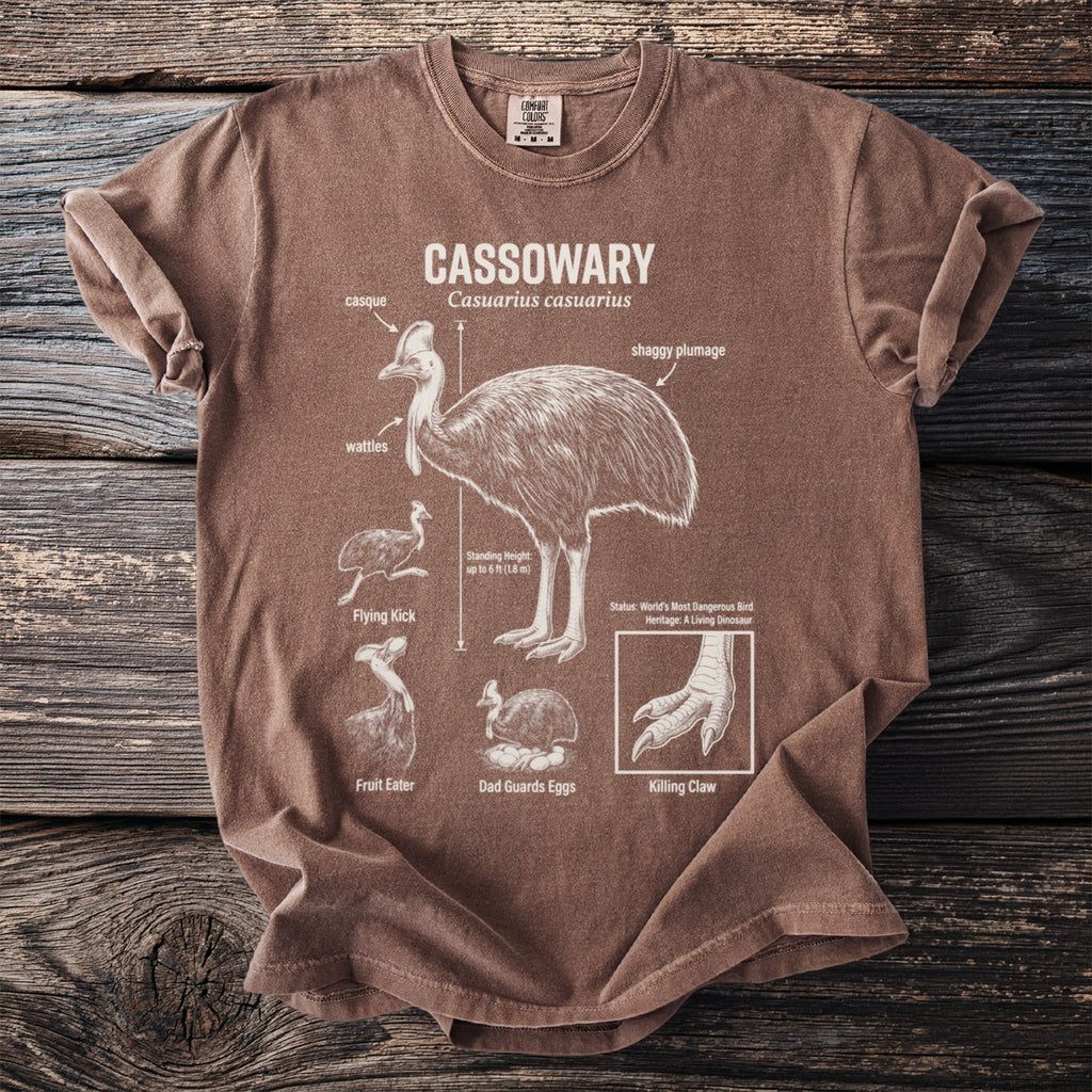 Brown t-shirt with a detailed diagram of a cassowary and its features.