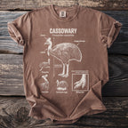 Brown t-shirt with a detailed diagram of a cassowary and its features.