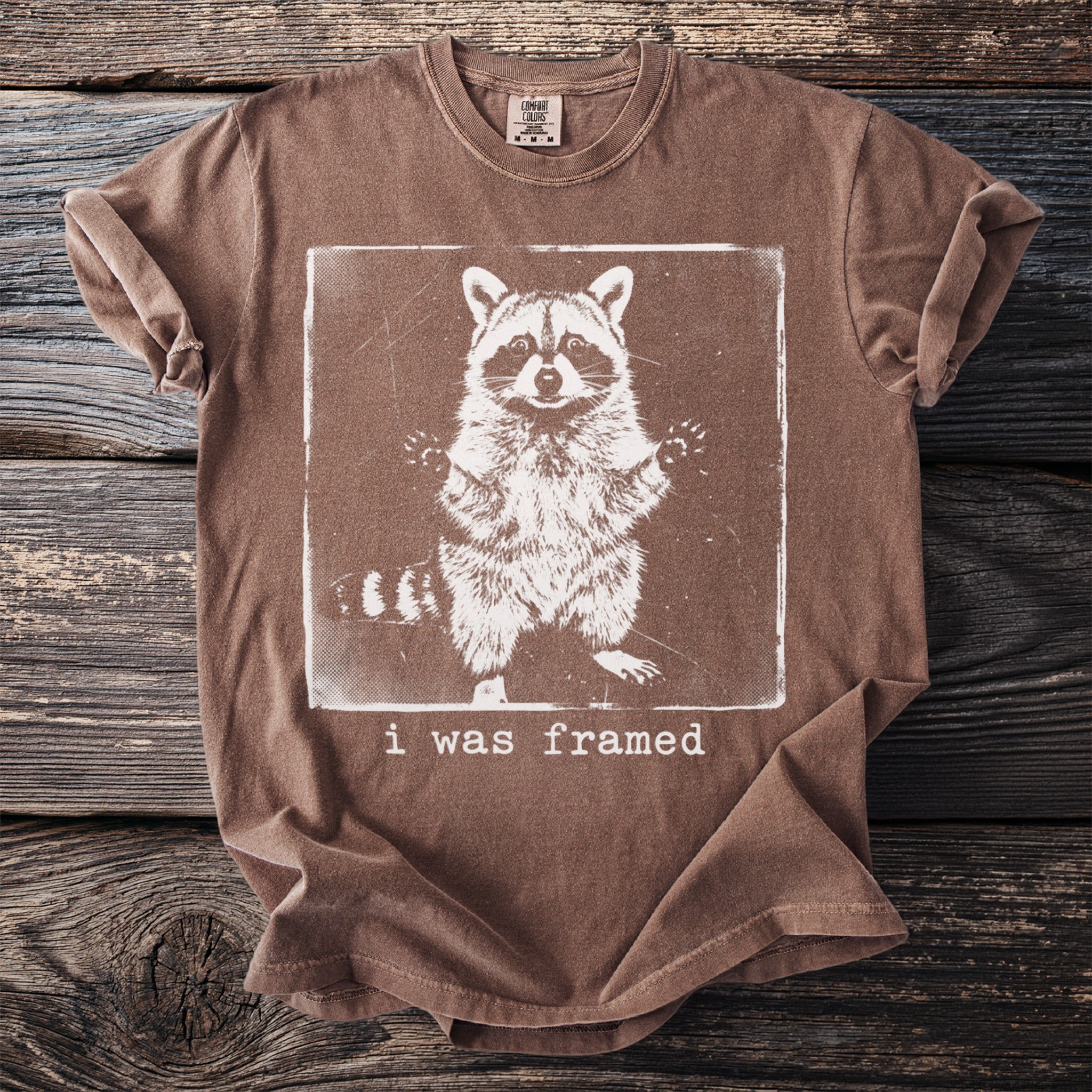 Brown t-shirt with a framed raccoon graphic and text that says "i was framed".