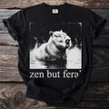 Black t-shirt with a distressed graphic of a capybara in water with text "zen but fera".