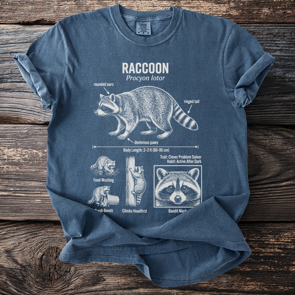 Blue t-shirt with white raccoon anatomy diagram including labeled features and actions.