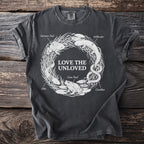 Dark grey t-shirt with white line art of amphibians and reptiles arranged in a circle with text.