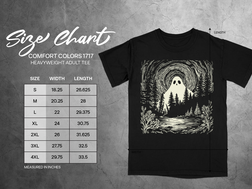 Comfort Colors 1717 heavyweight adult tee size chart with ghost graphic.