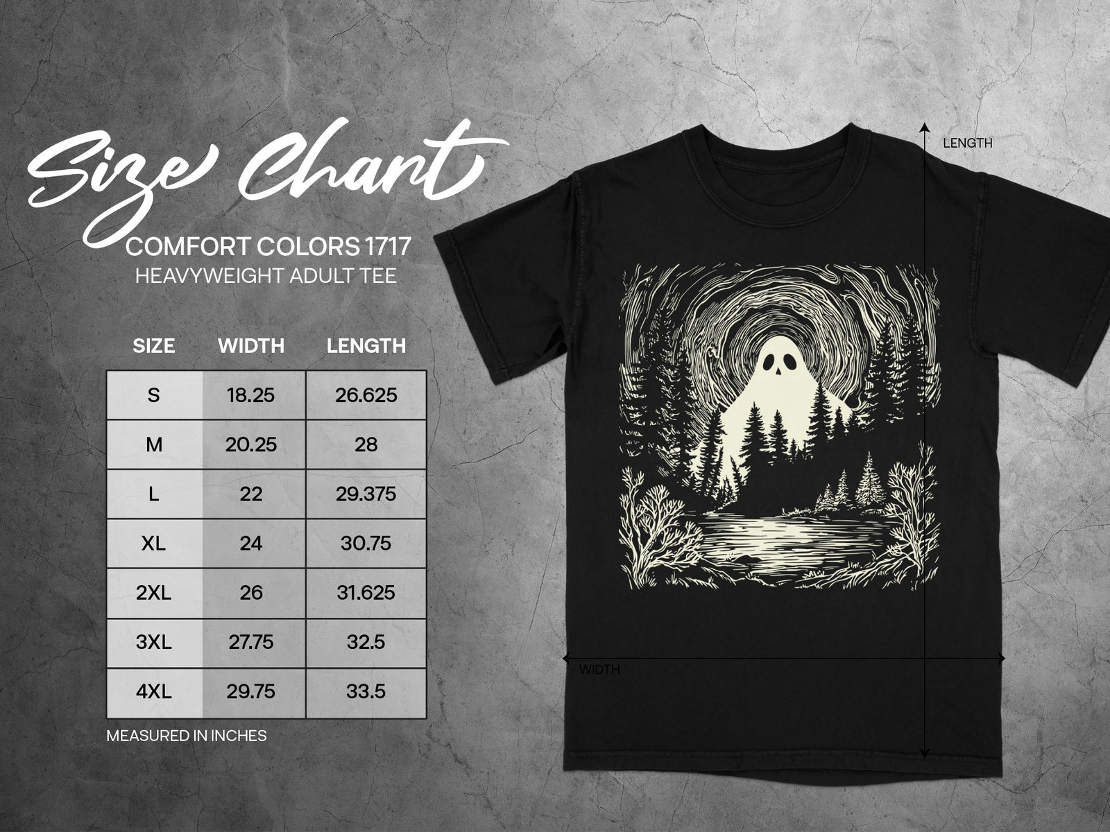 Comfort Colors 1717 heavyweight adult tee size chart with ghost graphic.
