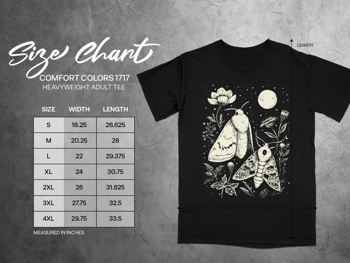 Comfort Colors 1717 heavyweight adult tee size chart with moth graphic.