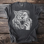 Gray t-shirt with a white werewolf face transitioning into a human face illustration.