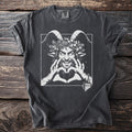 Charcoal t-shirt with a white graphic of a satyr making a heart shape with his hands.
