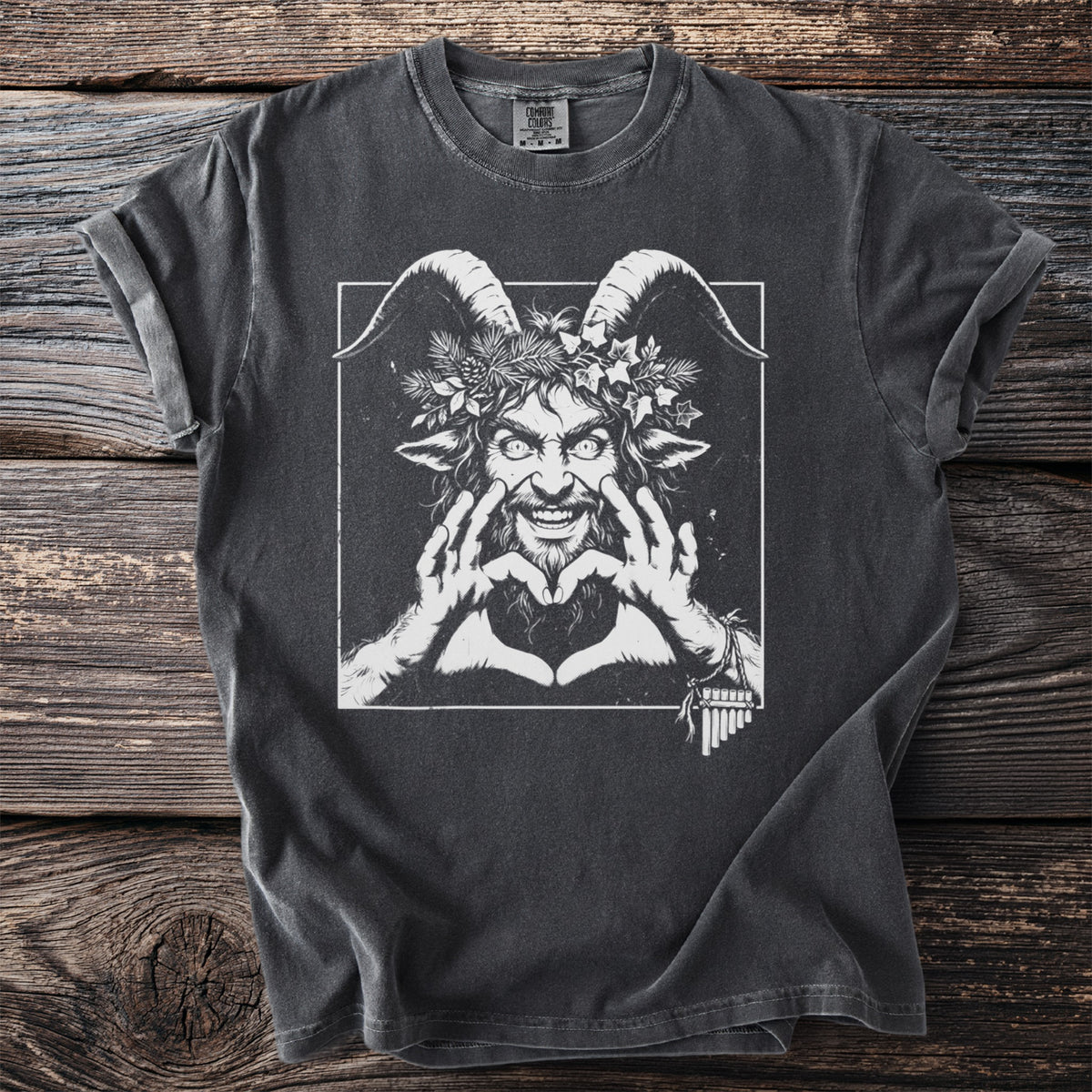 Charcoal t-shirt with a white graphic of a satyr making a heart shape with his hands.