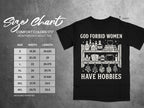 Black t-shirt with Gothic-style graphic and size chart for Comfort Colors 1717 tee.