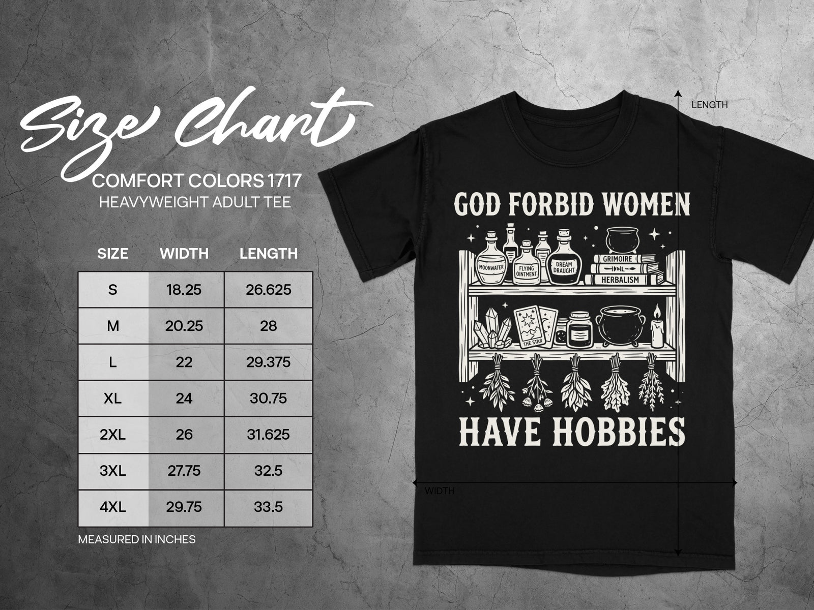 Black t-shirt with Gothic-style graphic and size chart for Comfort Colors 1717 tee.
