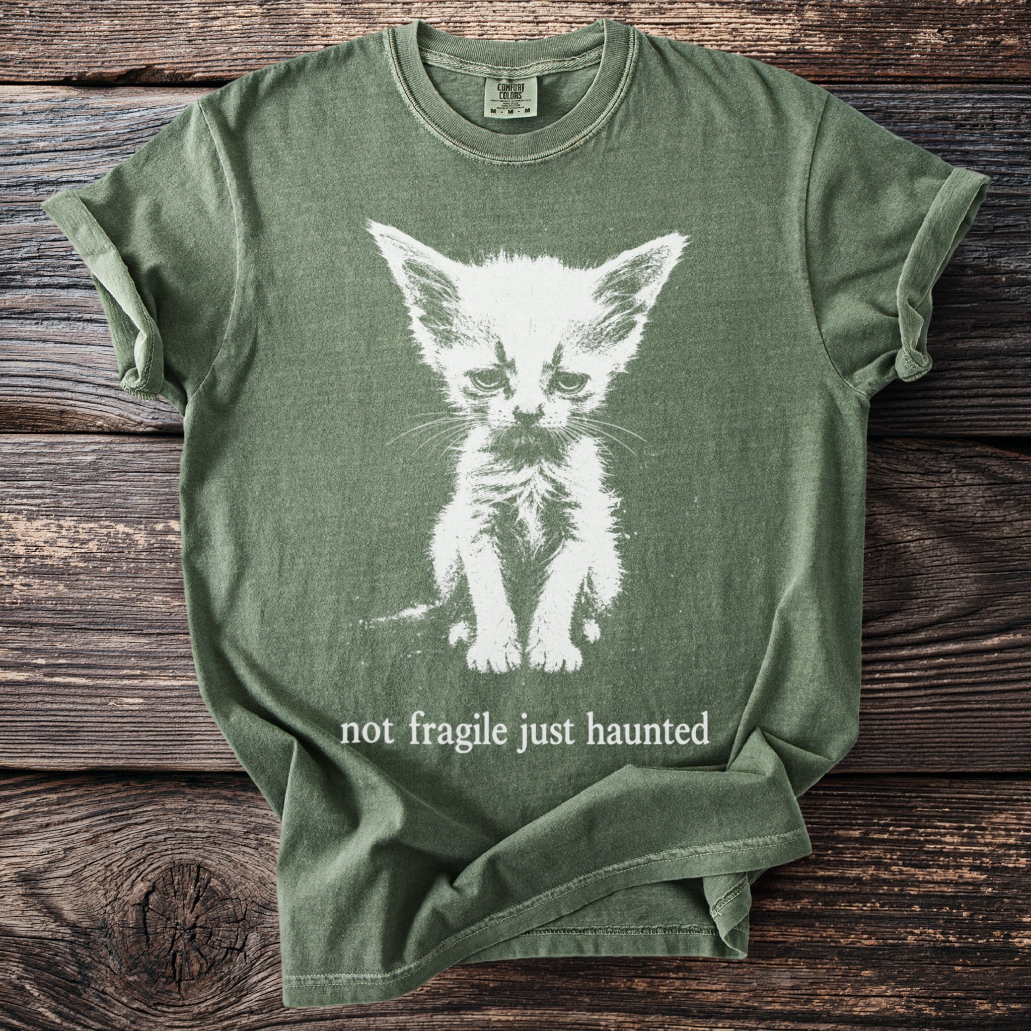 Green t-shirt with white graphic of a sad cat and text "not fragile just haunted".