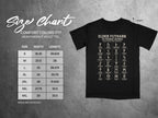 Black t-shirt with Elder Futhark runes and meanings, size chart in inches.
