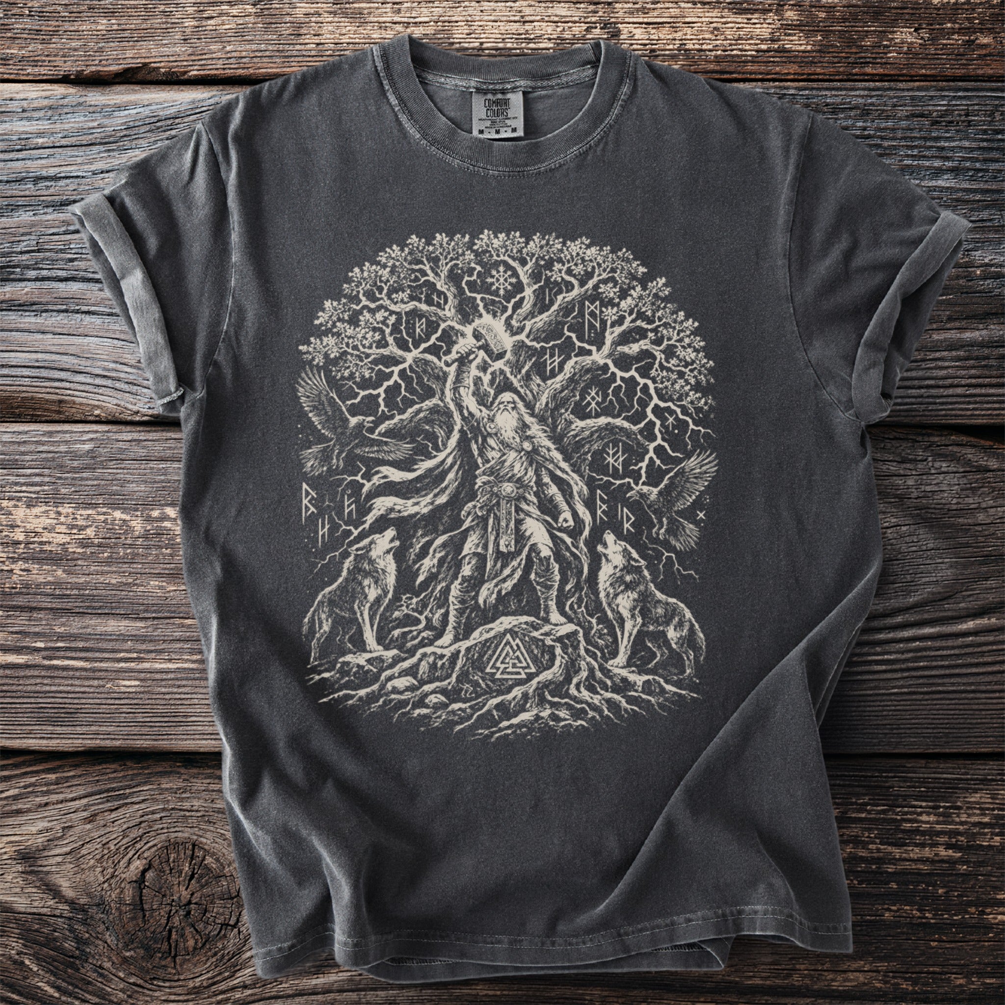Dark grey t-shirt with Norse mythology graphic, depicting Odin, Yggdrasil, wolves, and ravens.