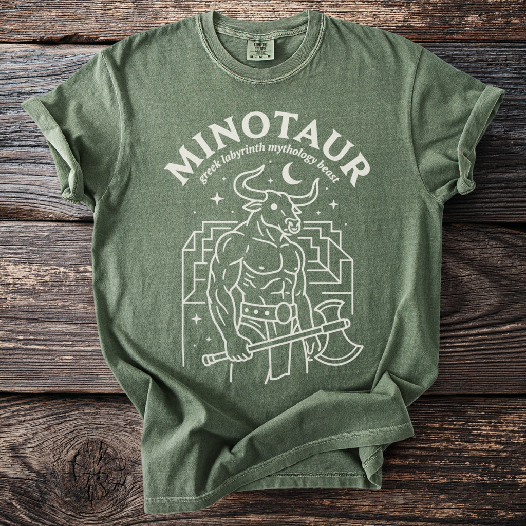 Green t-shirt with white Minotaur Greek labyrinth mythology beast graphic.