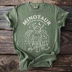 Green t-shirt with white Minotaur Greek labyrinth mythology beast graphic.