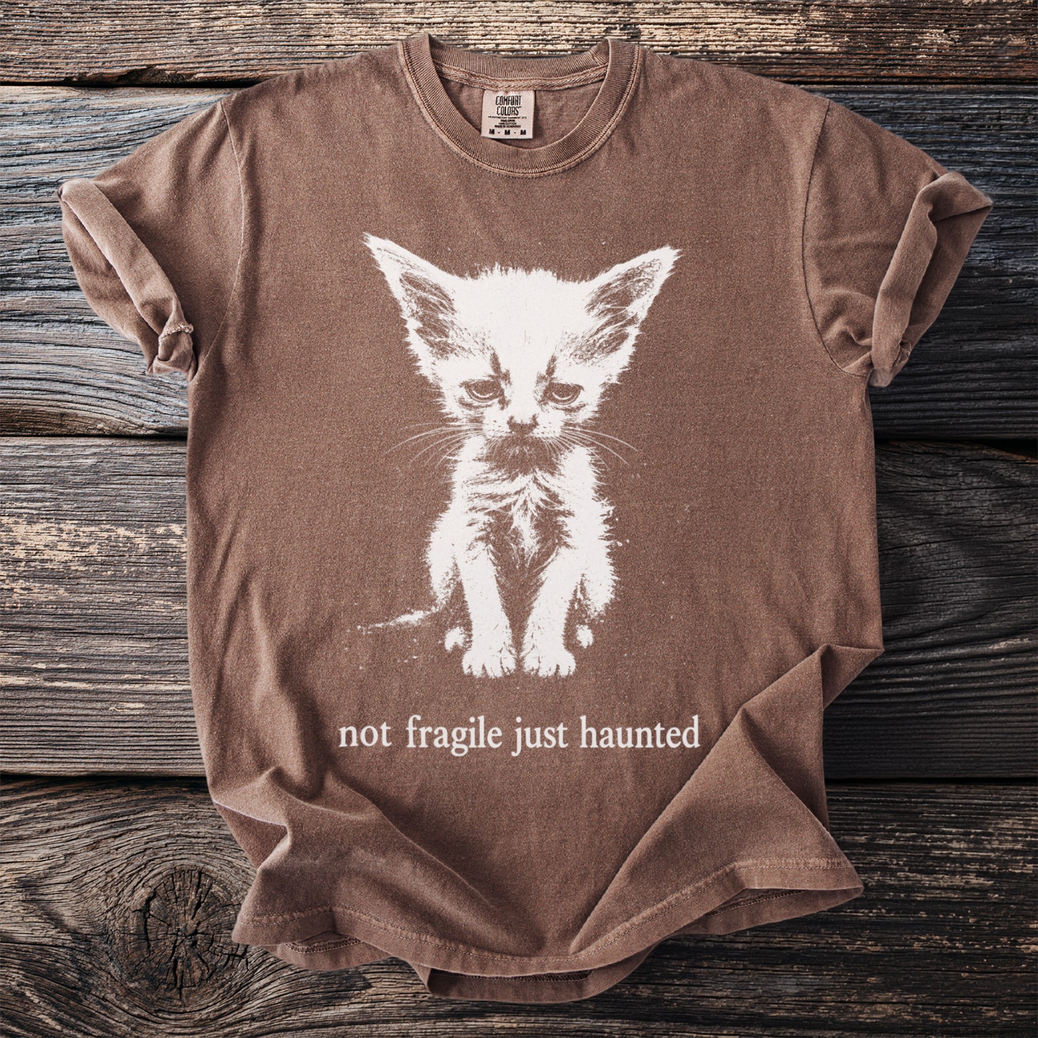 Brown t-shirt with a print of a sad kitten and the text "not fragile just haunted."