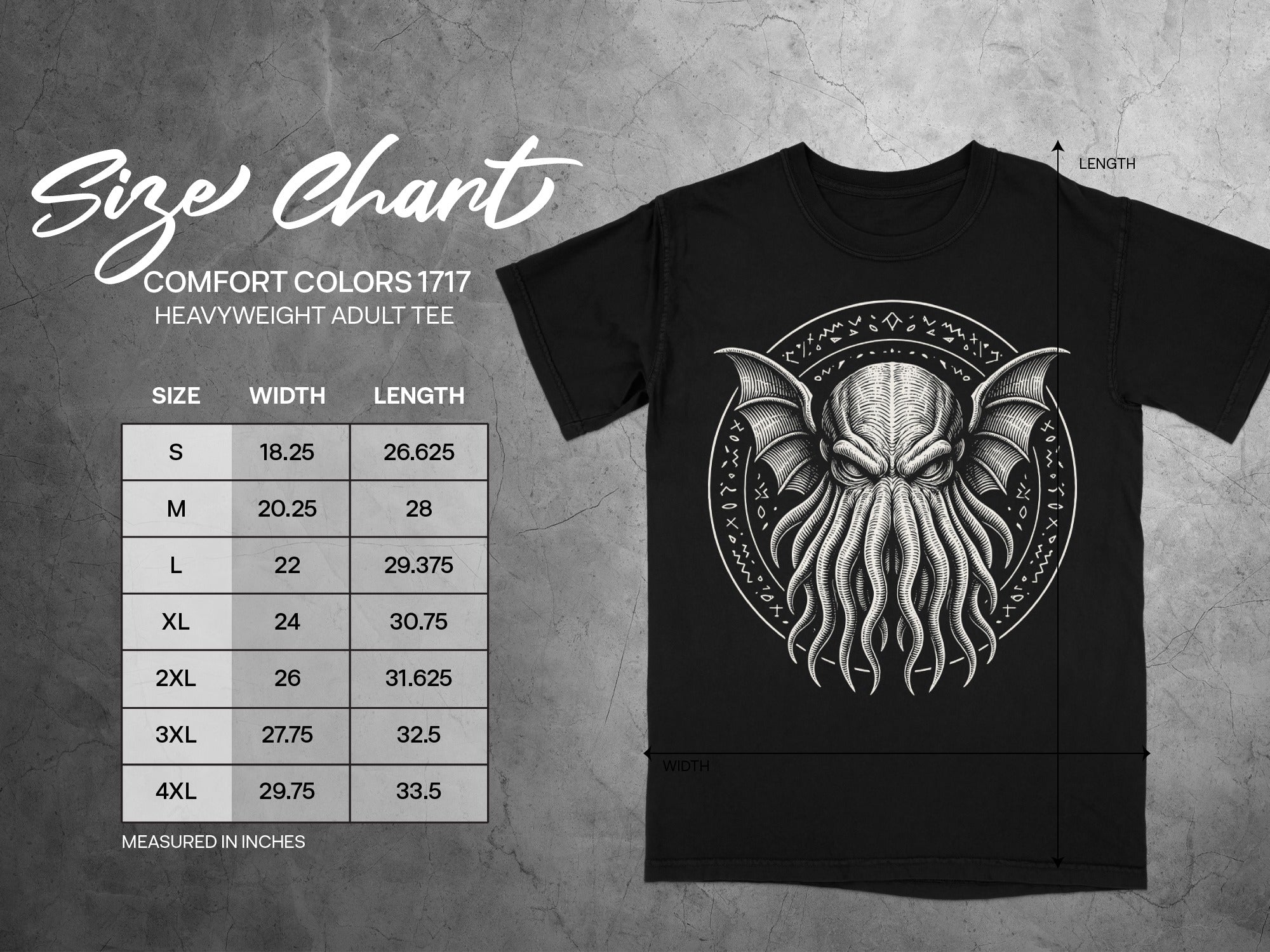 Comfort Colors 1717 heavyweight adult tee size chart with measurements in inches.