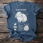 Blue t-shirt with white illustration and information about Holland Lop Rabbits.