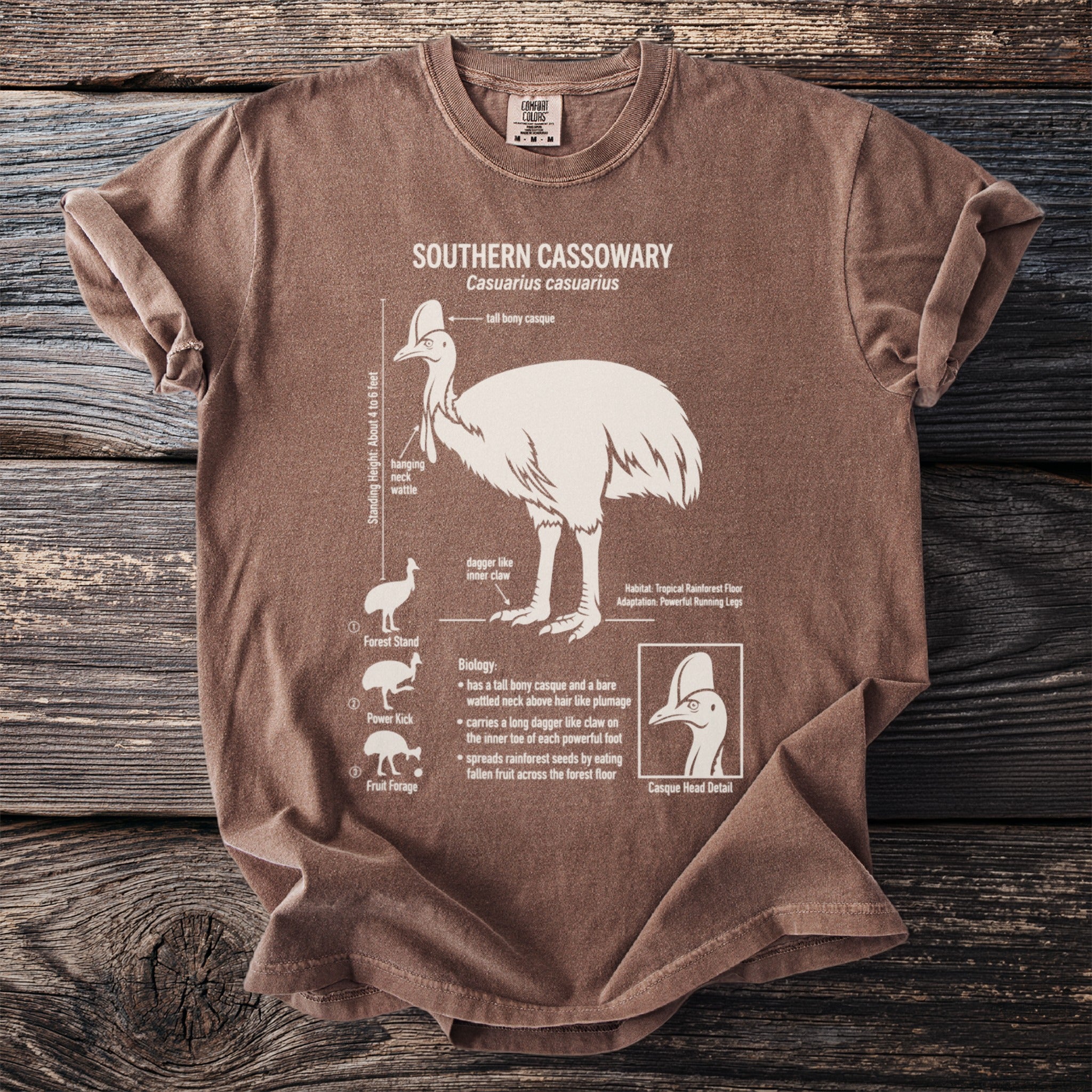 Brown t-shirt graphic details Southern Cassowary, its height, casque, and biology.
