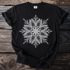 Comfort Colors black t-shirt with white feather and geometric mandala graphic.
