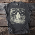 Dark gray t-shirt with ghost, dragonflies, and jars hanging from a tree.