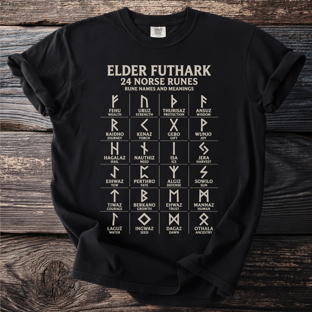 Black t-shirt featuring Elder Futhark 24 Norse runes with names and meanings.