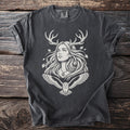Dark grey t-shirt with a white graphic of a woman with antlers and an owl.