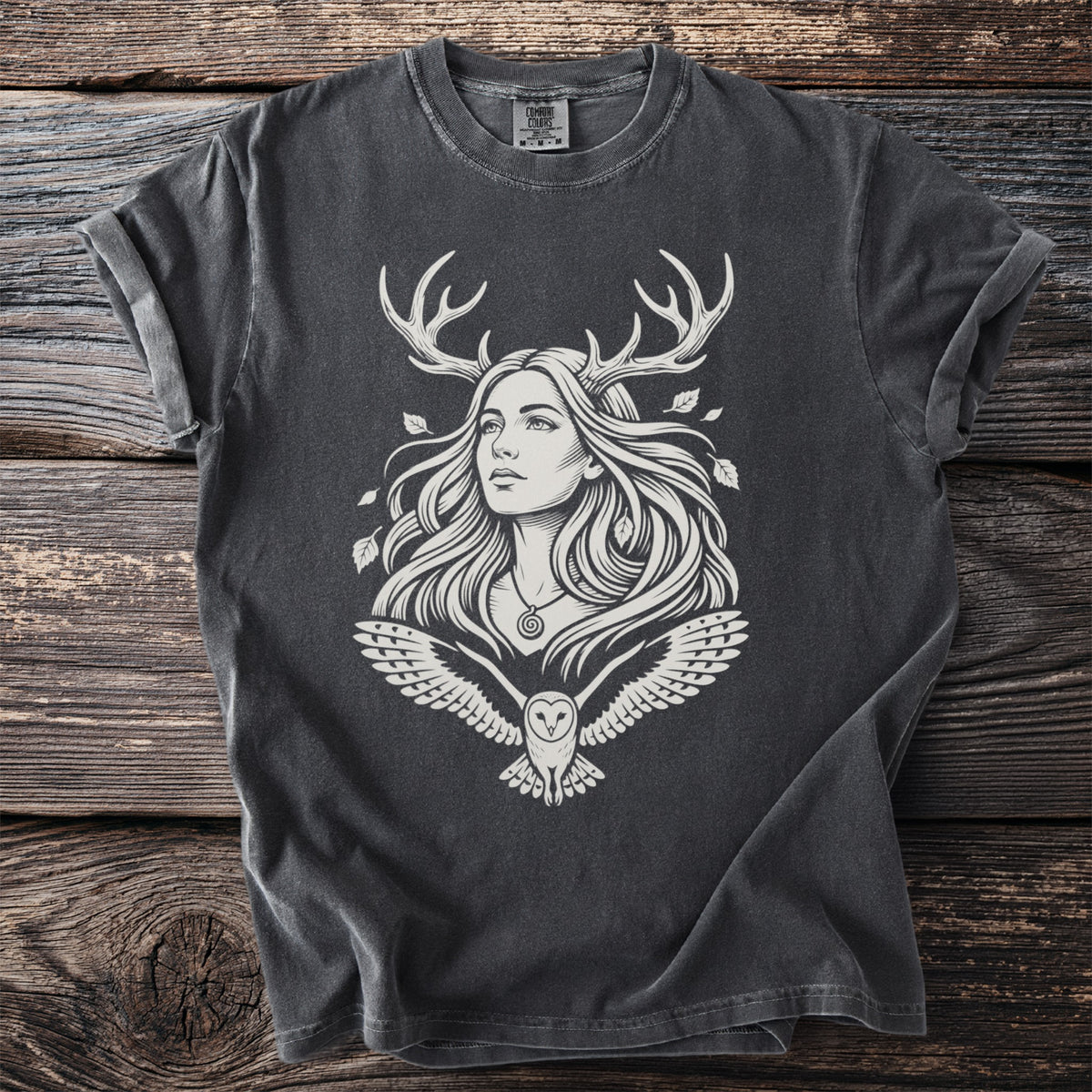 Dark grey t-shirt with a white graphic of a woman with antlers and an owl.