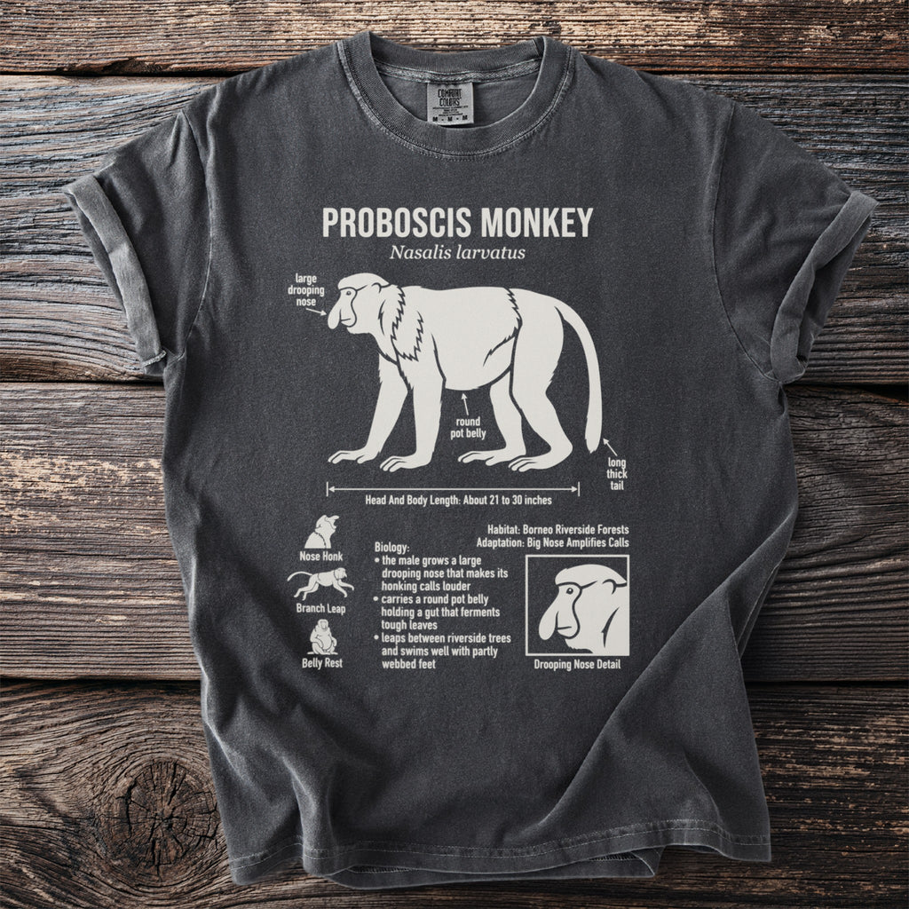 Proboscis Monkey diagram on a charcoal t-shirt with biology details.