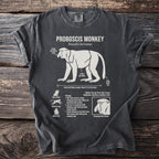 Proboscis Monkey diagram on a charcoal t-shirt with biology details.