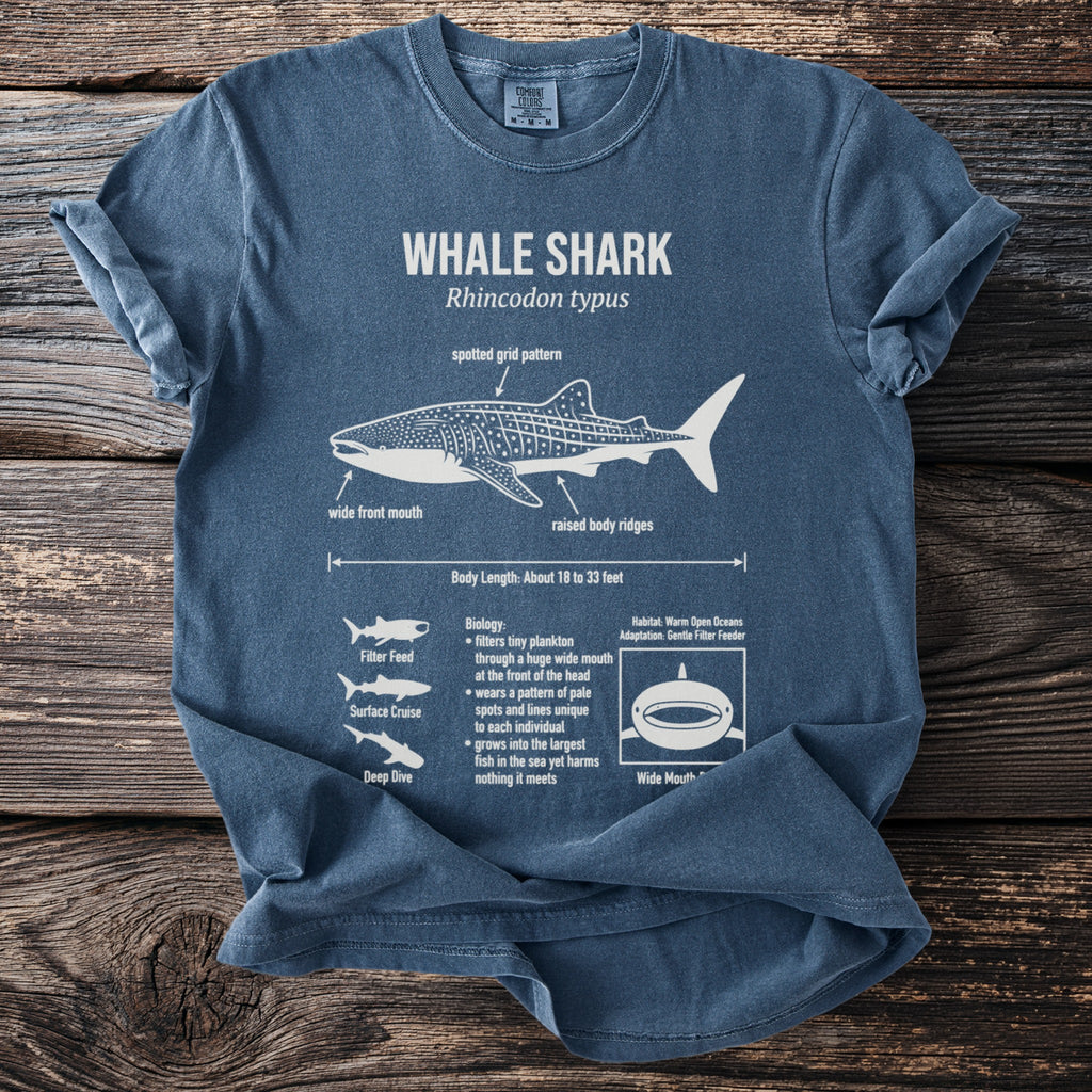 Blue t-shirt with white whale shark illustration and descriptive text about its biology.