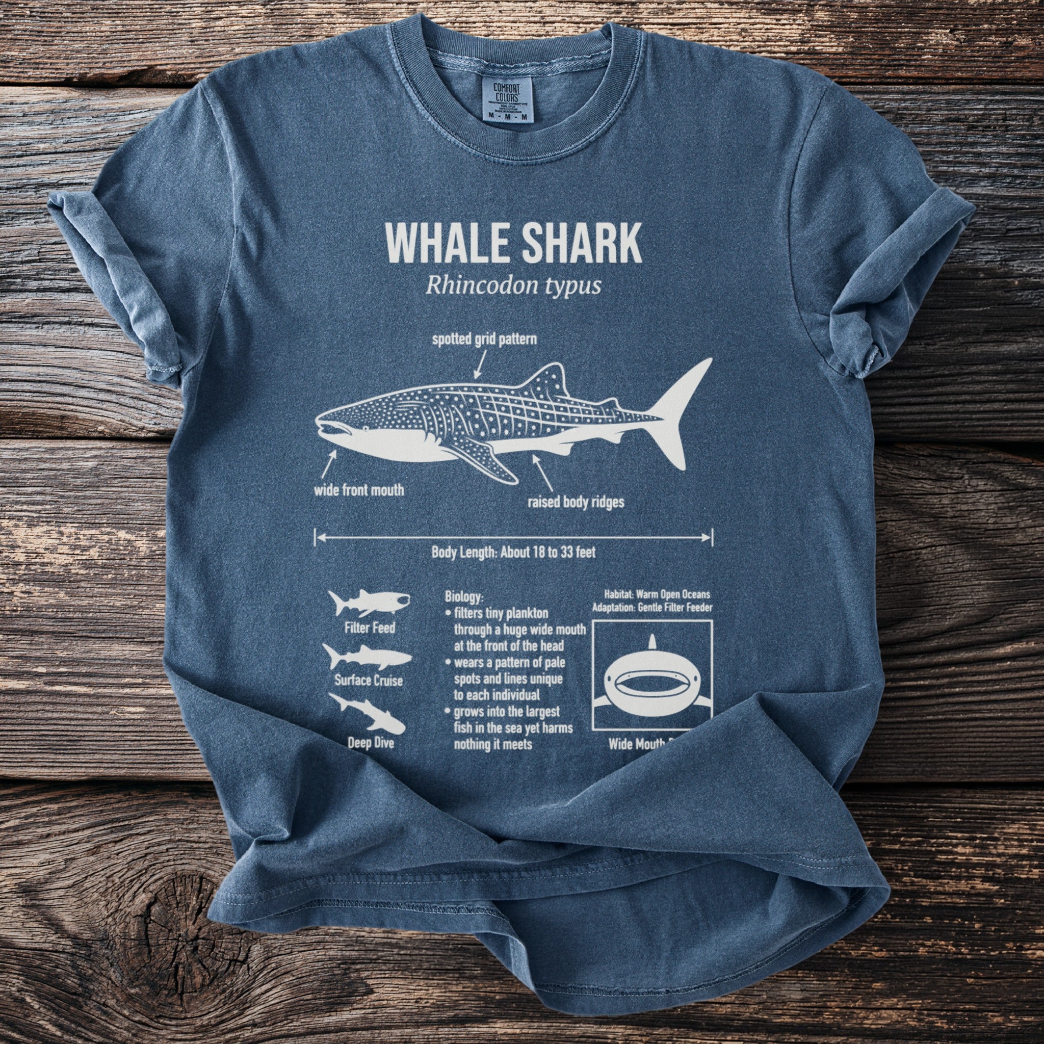 Blue t-shirt with white whale shark illustration and descriptive text about its biology.