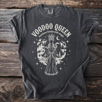 Black t-shirt with Voodoo Queen graphic and gothic undertones.