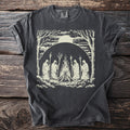 Dark gray t-shirt with graphic of cloaked figures around a bonfire under a large sun.