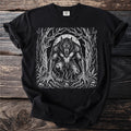 Black t-shirt with a detailed print of a snarling werewolf in a forest under a full moon.