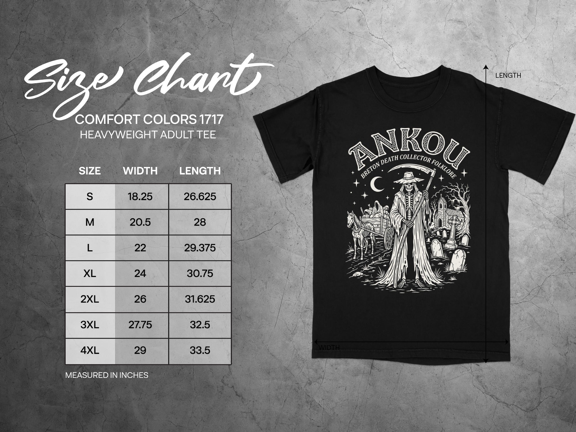 Comfort Colors 1717 garment size chart in inches.