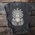 Dark gray t-shirt with a white Medusa graphic and laurel wreath.