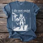 Blue t-shirt with "i do not exist" text and a werewolf graphic.