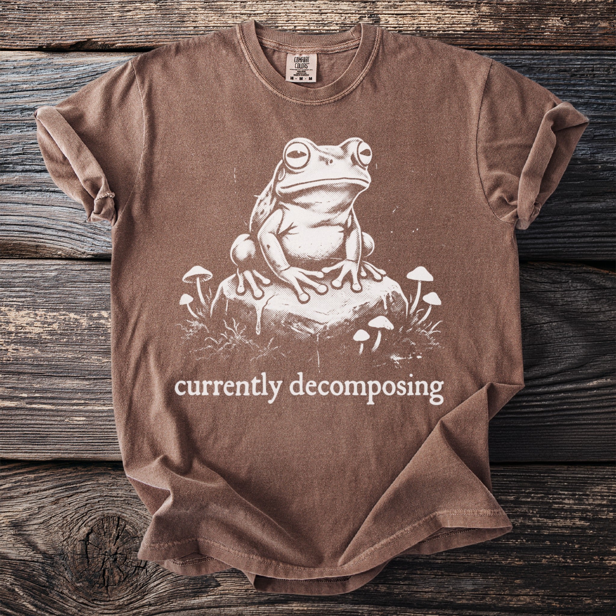 Brown t-shirt with white graphic of a frog on a rock surrounded by mushrooms and text.