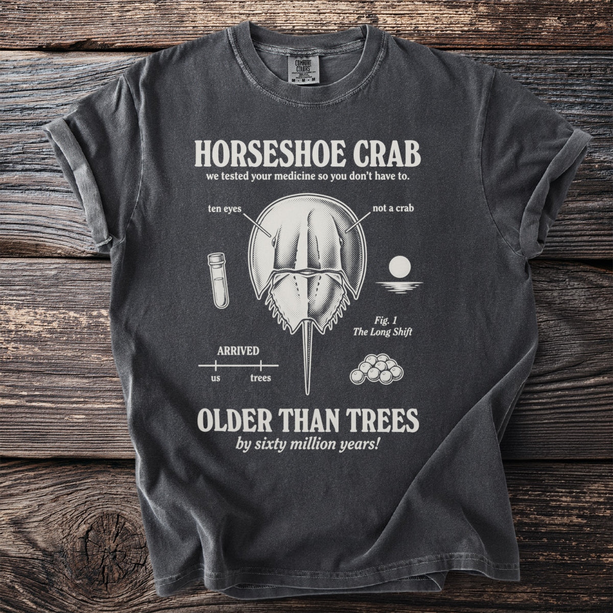 T-shirt graphic with horseshoe crab diagram, text, and scientific labels.