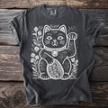 Dark grey t-shirt with white maneki-neko cat design and floral accents.