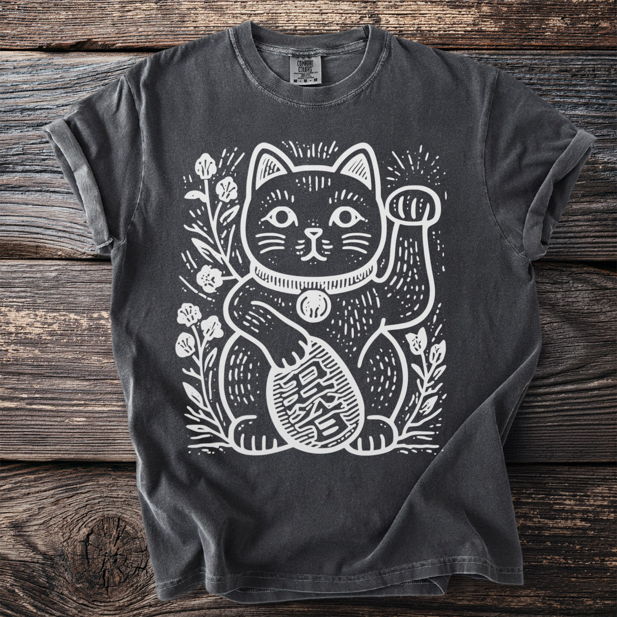 Dark grey t-shirt with white maneki-neko cat design and floral accents.