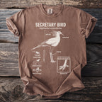 Brown t-shirt with detailed illustration of a Secretary Bird and its features.