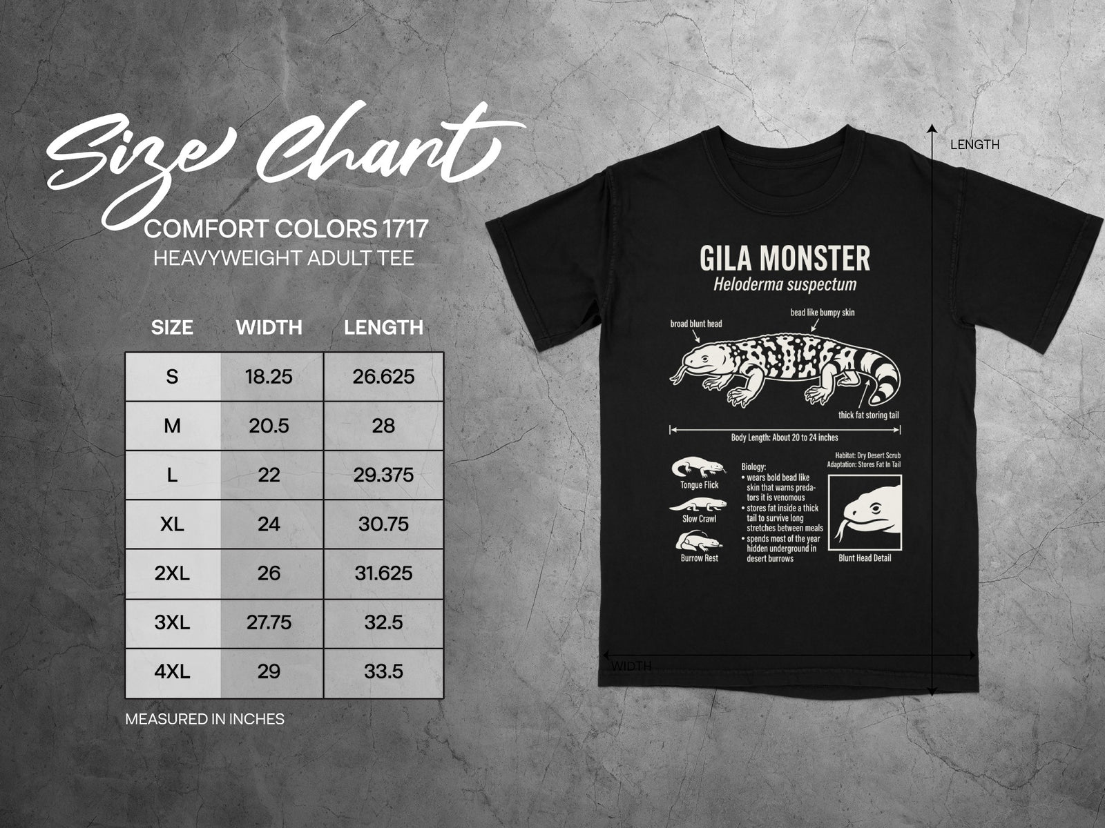 Comfort Colors 1717 heavyweight adult tee size chart with Gila Monster graphic.