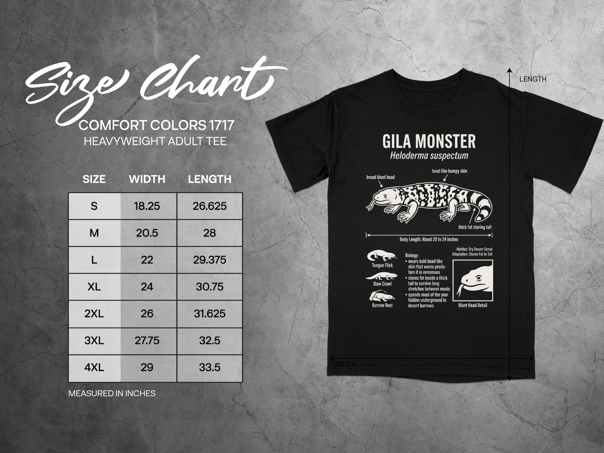 Comfort Colors 1717 heavyweight adult tee size chart with Gila Monster graphic.