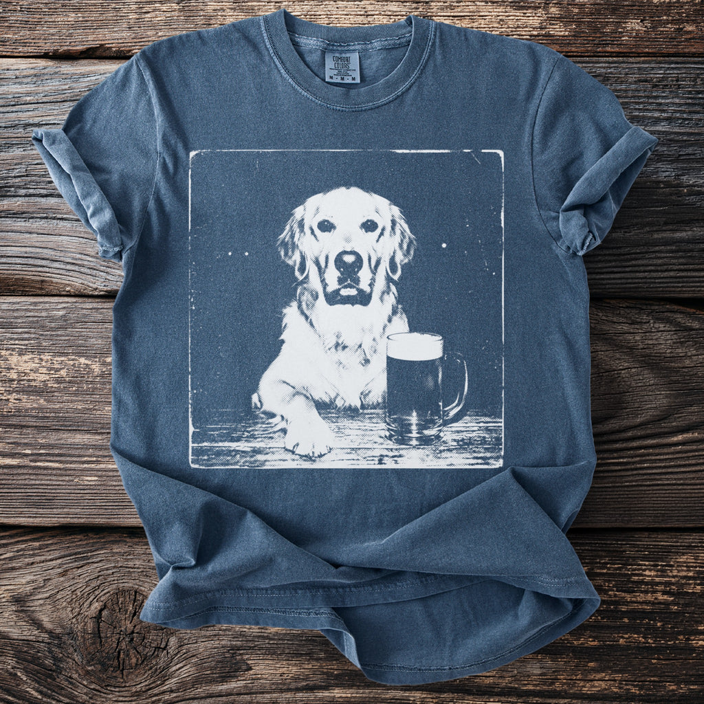 Blue t-shirt with distressed graphic of a golden retriever and a beer mug.