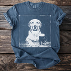 Blue t-shirt with distressed graphic of a golden retriever and a beer mug.