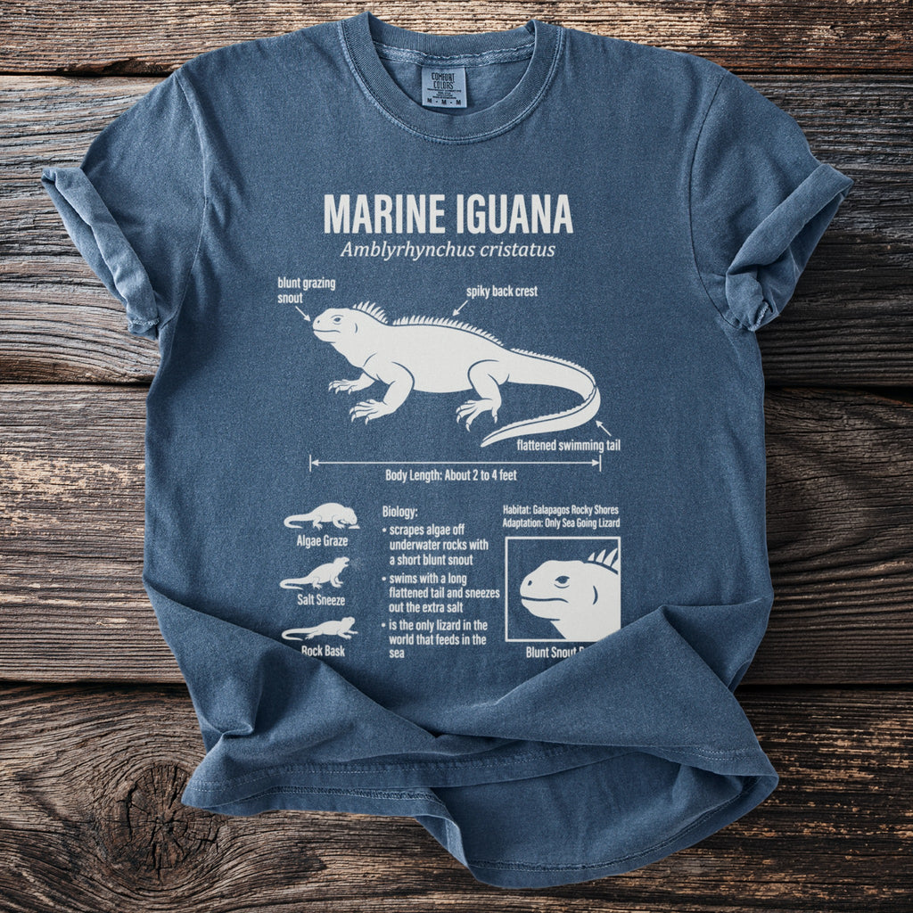 Marine Iguana t-shirt featuring illustration with biological facts and adaptations.