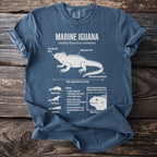 Marine Iguana t-shirt featuring illustration with biological facts and adaptations.