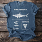 Blue t-shirt with Hammerhead Shark scientific illustration and traits including fins and tooth.